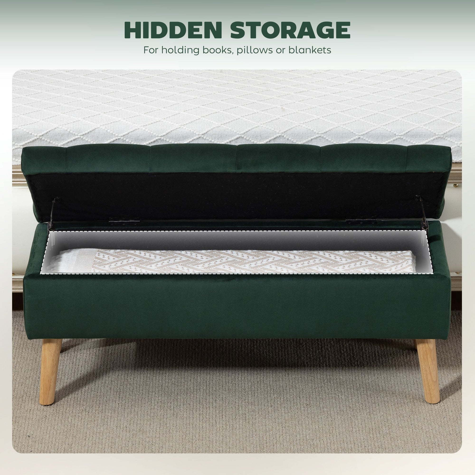 Storage Ottoman with Lid, Velvet Upholstered Storage Bench with Wood Legs for Living Room, Dark Green
