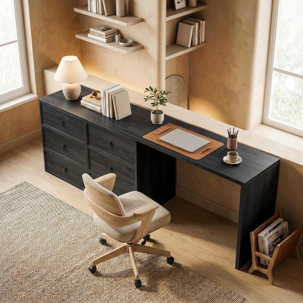L Shaped Computer Desk Home Office Desk with 6 Drawers Black Wood Grain