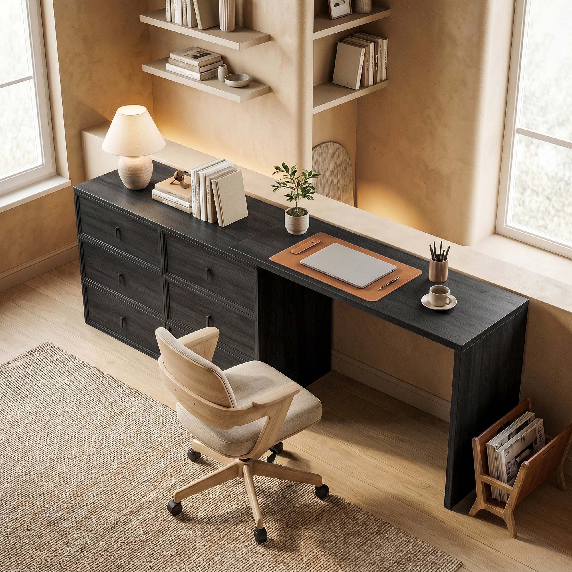 L Shaped Computer Desk Home Office Desk with 6 Drawers Black Wood Grain