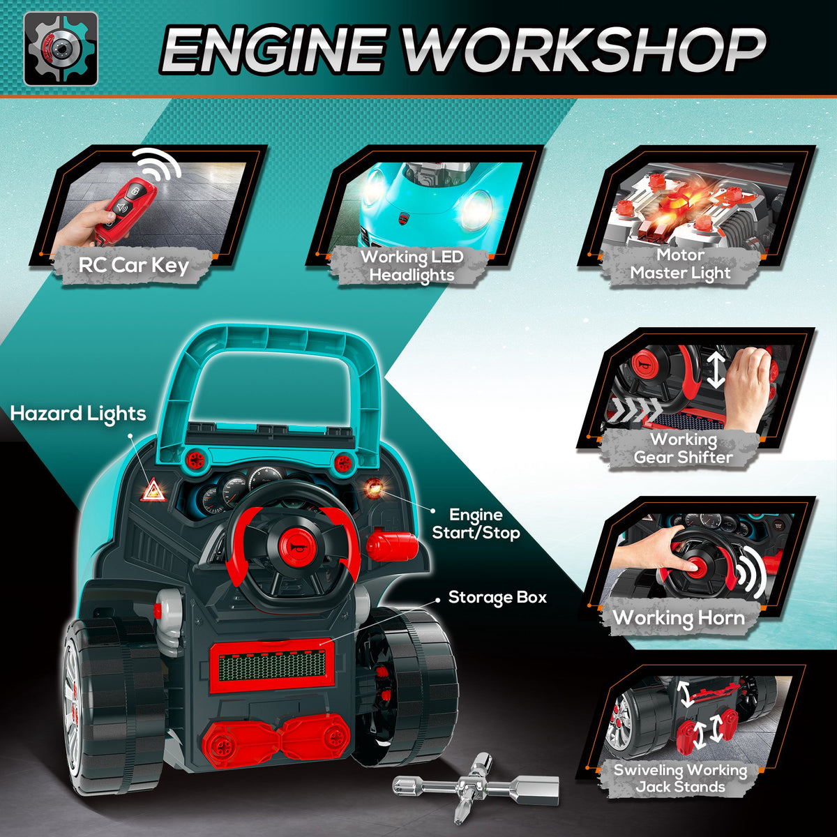 Qaba Mechanic Kids Truck Engine Toy Set, Car Service Play Set, Teal