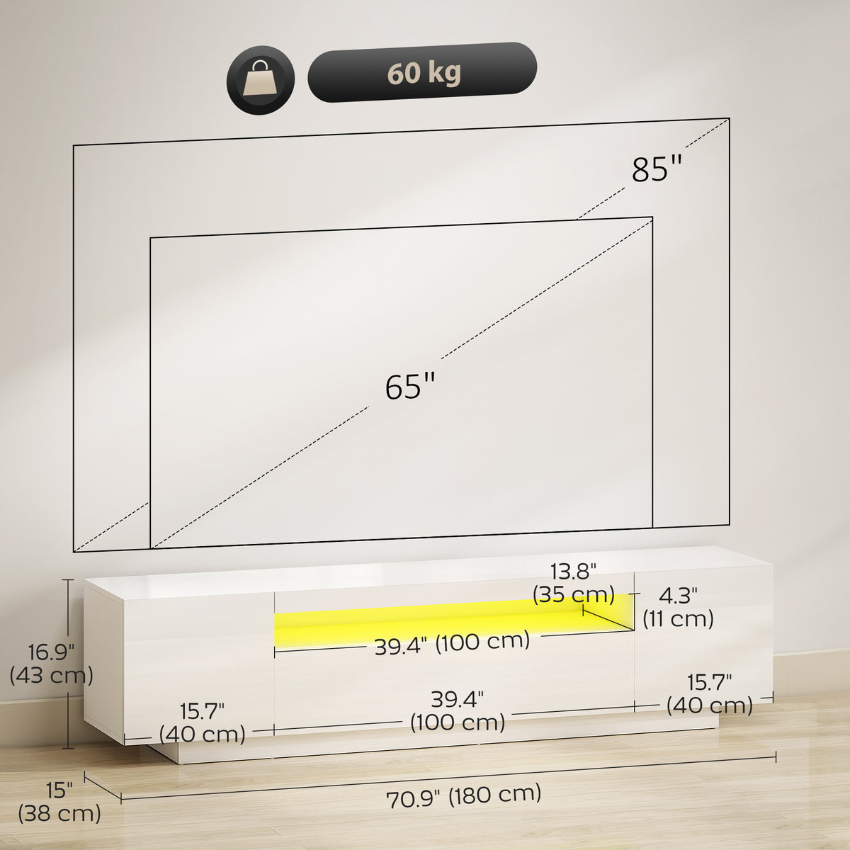 ማዕከል መዘናግዒ ምስ RGB LED መብራህቲ፣ መቐመጢ ቲቪ ን65-85 ኢንች ቲቪ፣ ዘመናዊ ጣውላ ቲቪ ንክፍሊ መዕረፊ፣ ልዑል ብርሃን ጻዕዳ