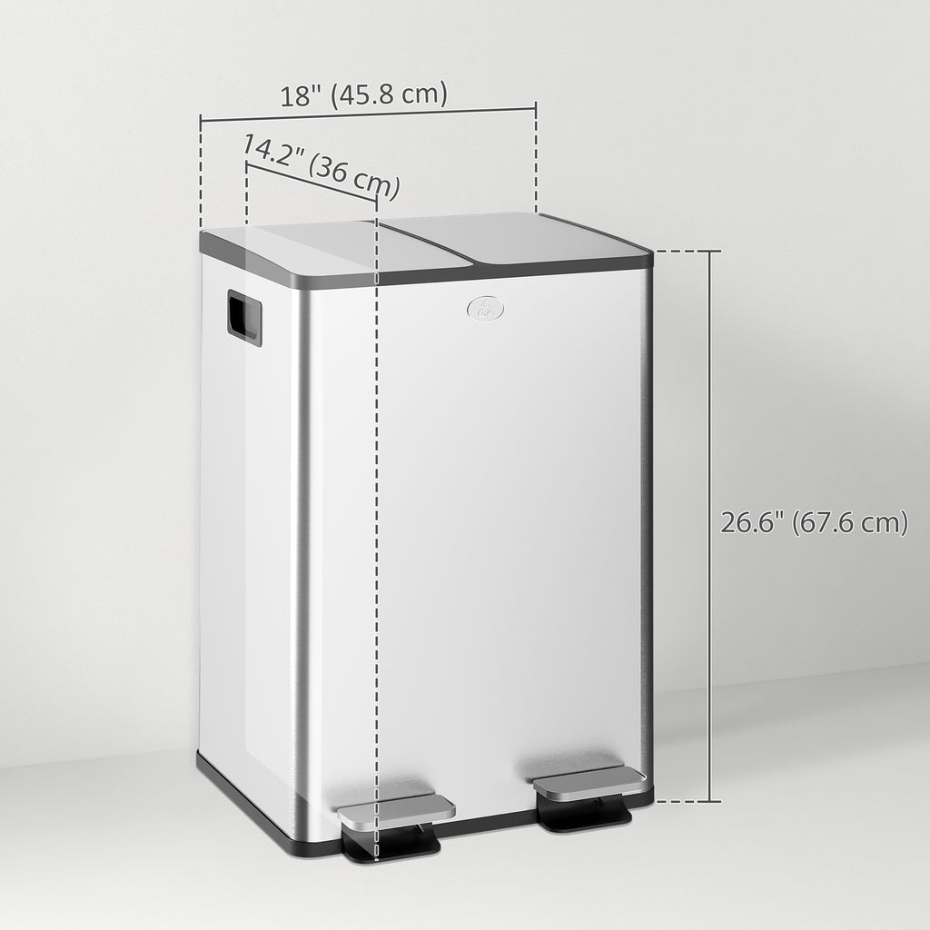 Dual Garbage Bin with Foot Pedal - 2 x 28 Litre Garbage Can with Removable Inner Buckets, Silver