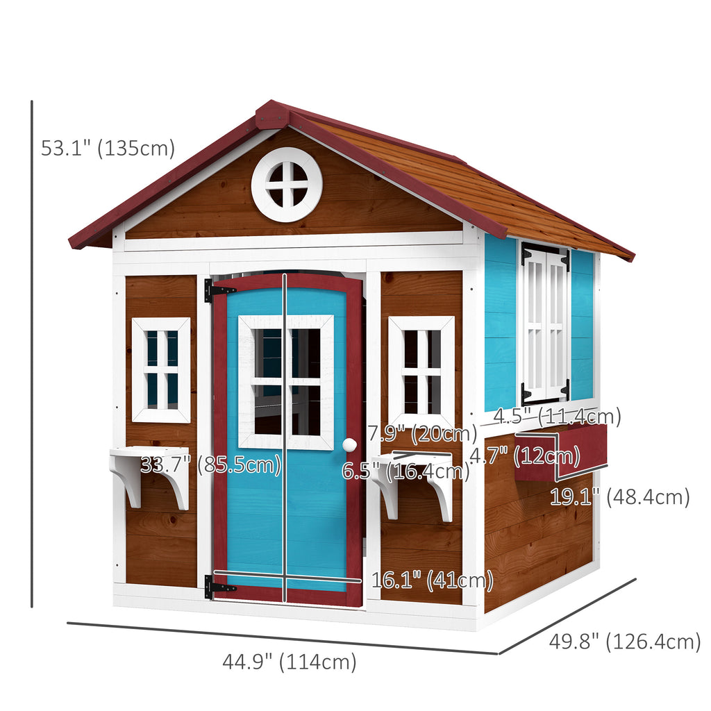 Wooden Playhouse for Kids Outdoor with Door, Windows, Planter Pots and Boxes for Toddlers 3-8 Years, Dark Brown