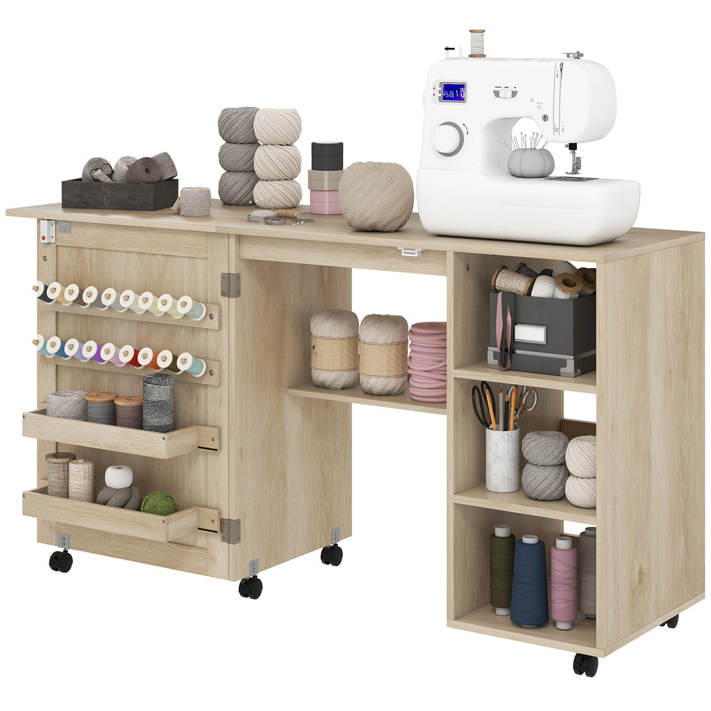 Sewing Machine Table with Drop Leaf, Folding Craft Table Rattan Door and Storage Shelves for Small Spaces, Natural