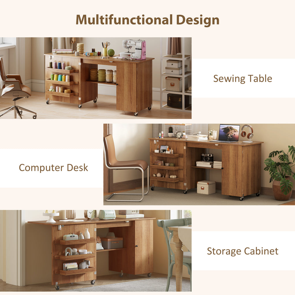 Sewing Machine Table with Drop Leaf, Folding Craft Table with 2 Doors and Adjustable Shelf for Small Spaces, Brown