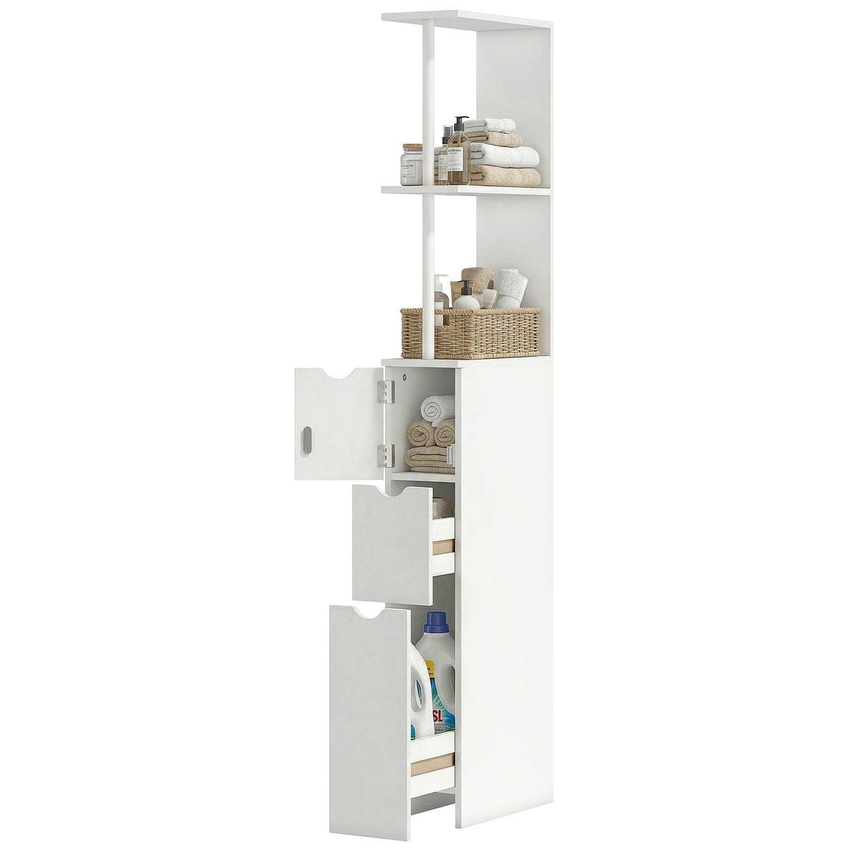 Tall Bathroom Storage Cabinet, Narrow Bathroom Cabinet with Drawers and Open Shelves for Small Spaces, Brown
