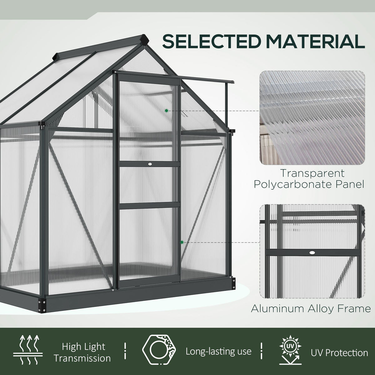 Greenhouse Garden, Green House, Outdoor Greenhouse Kit, PC Board with Sliding Door, 6.2' x 8.3' x 6.6', Grey