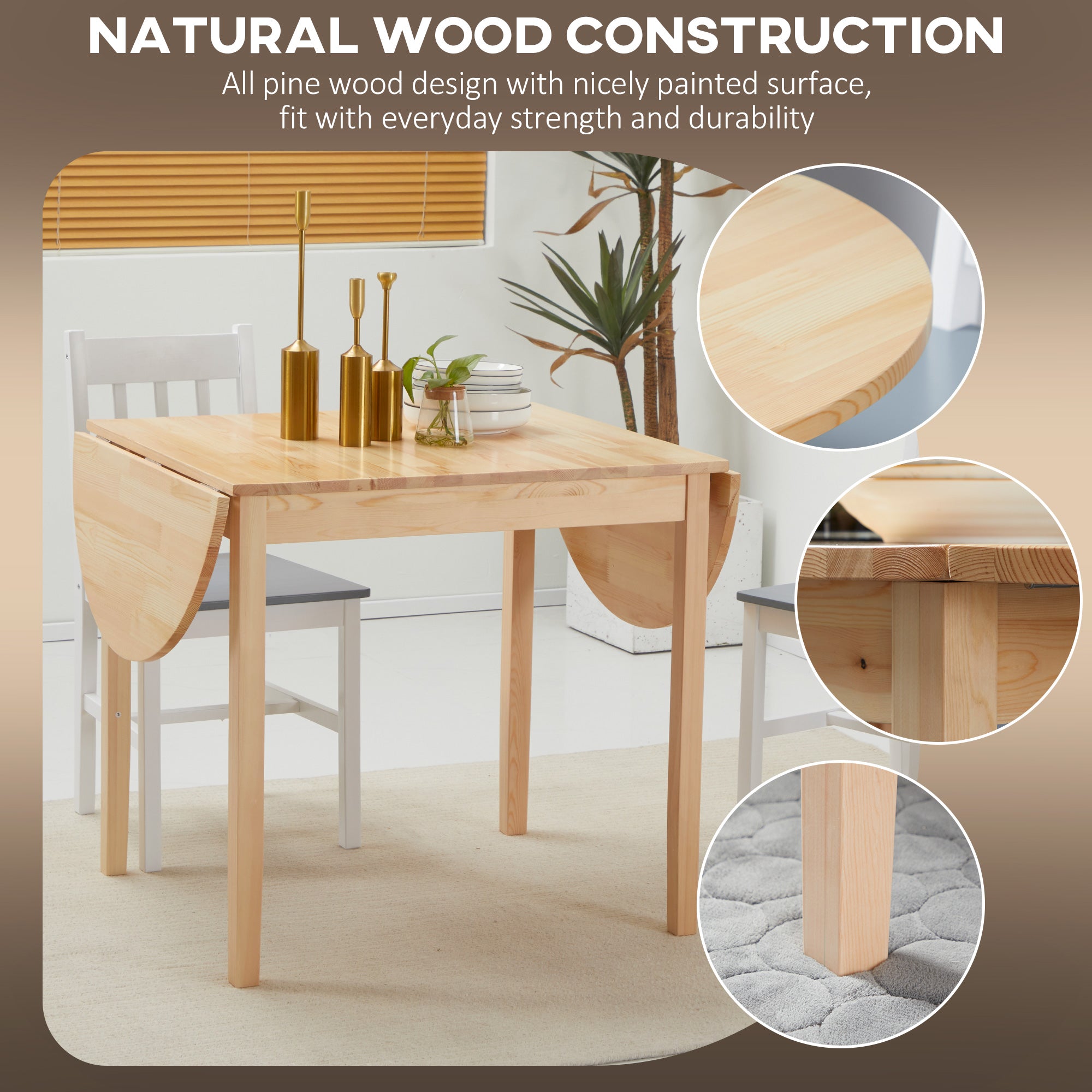 Solid Wood Kitchen Table, Drop Leaf Tables for Small Spaces, Folding Dining Table, Natural