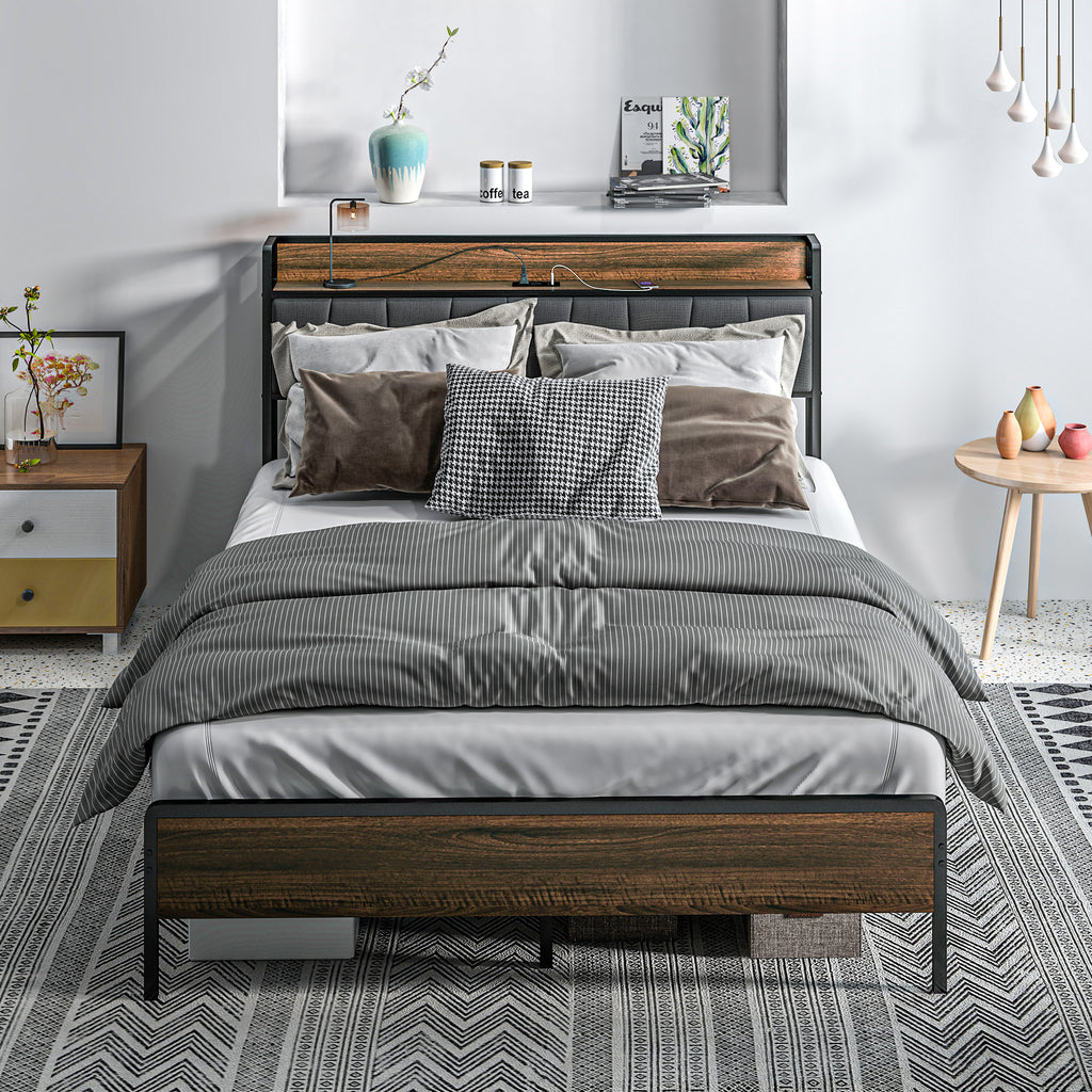 Queen Size Bed Frame with Charging Station, Queen Bed Frame with Upholstered Headboard and Storage Shelf, Walnut