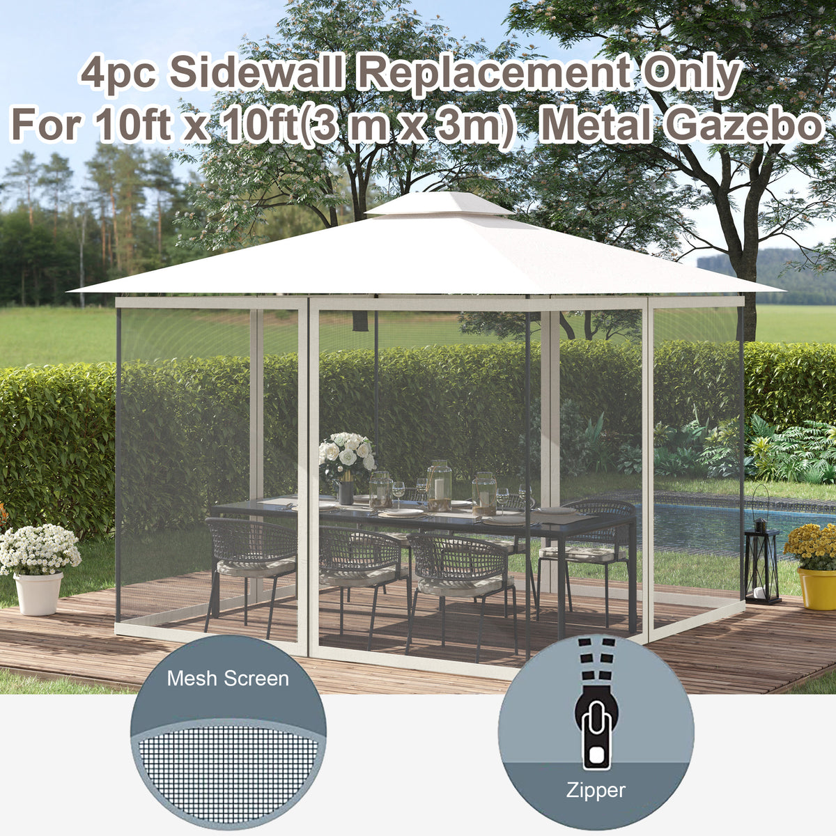 Replacement Mosquito Netting for Gazebo 10' x 12' Black Screen Walls for Canopy with Zippers, White
