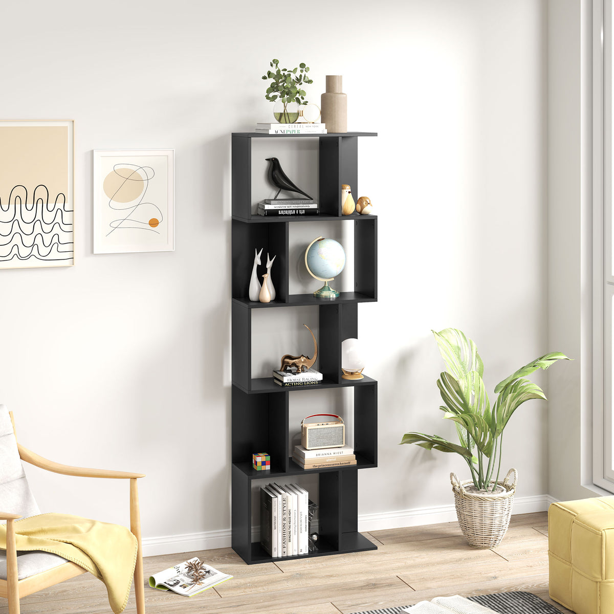 رف كتب هندسي بـ 5 طبقات، خزانة كتب على شكل حرف S، وحدة رف عرض حديثة قائمة بذاتها للمنزل والمكتب، أسود