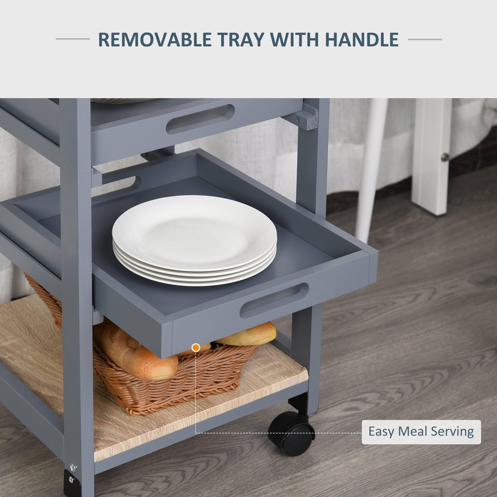Kitchen Island Rolling Trolley Utility Serving Cart with Drawer  Grey