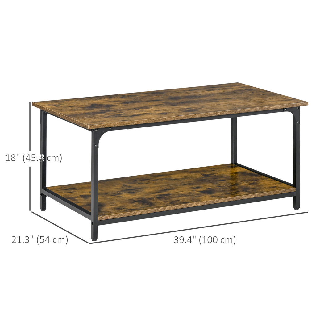 Industrial Coffee Table with Storage Shelf, 2-tier Center Table for Living Room, Rustic Brown