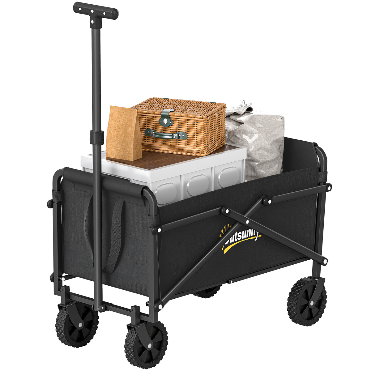Collapsible Folding Garden Cart, Heavy Duty Lawn Wagon with Universal Wheels and Adjustable Handle, Black