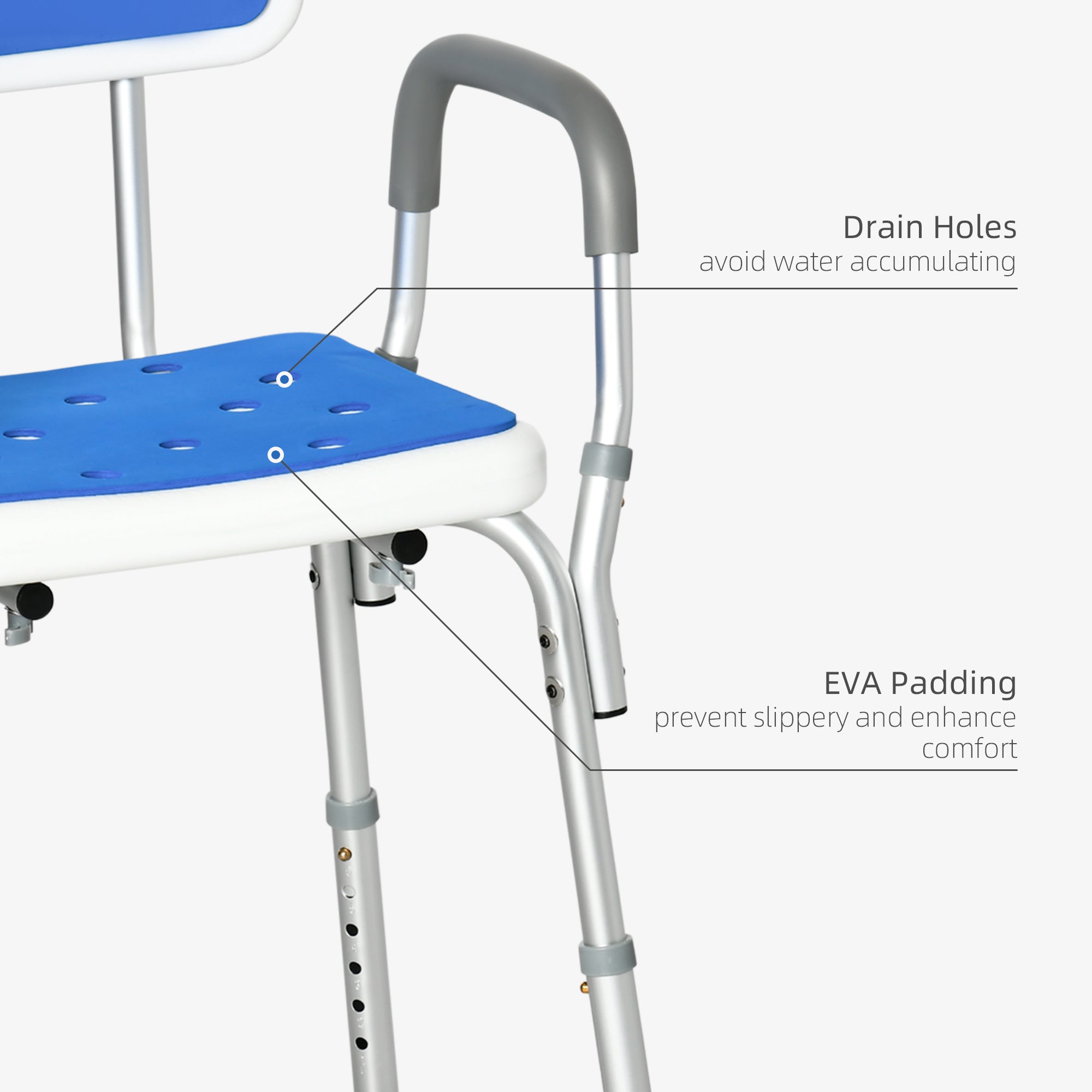 Adjustable Shower Chair with Arms and Back, Bath Chair with Regular Seat, Anti-slip Shower Bench for Seniors and Disabled, Tool-Free Assembly, 300lbs, Blue