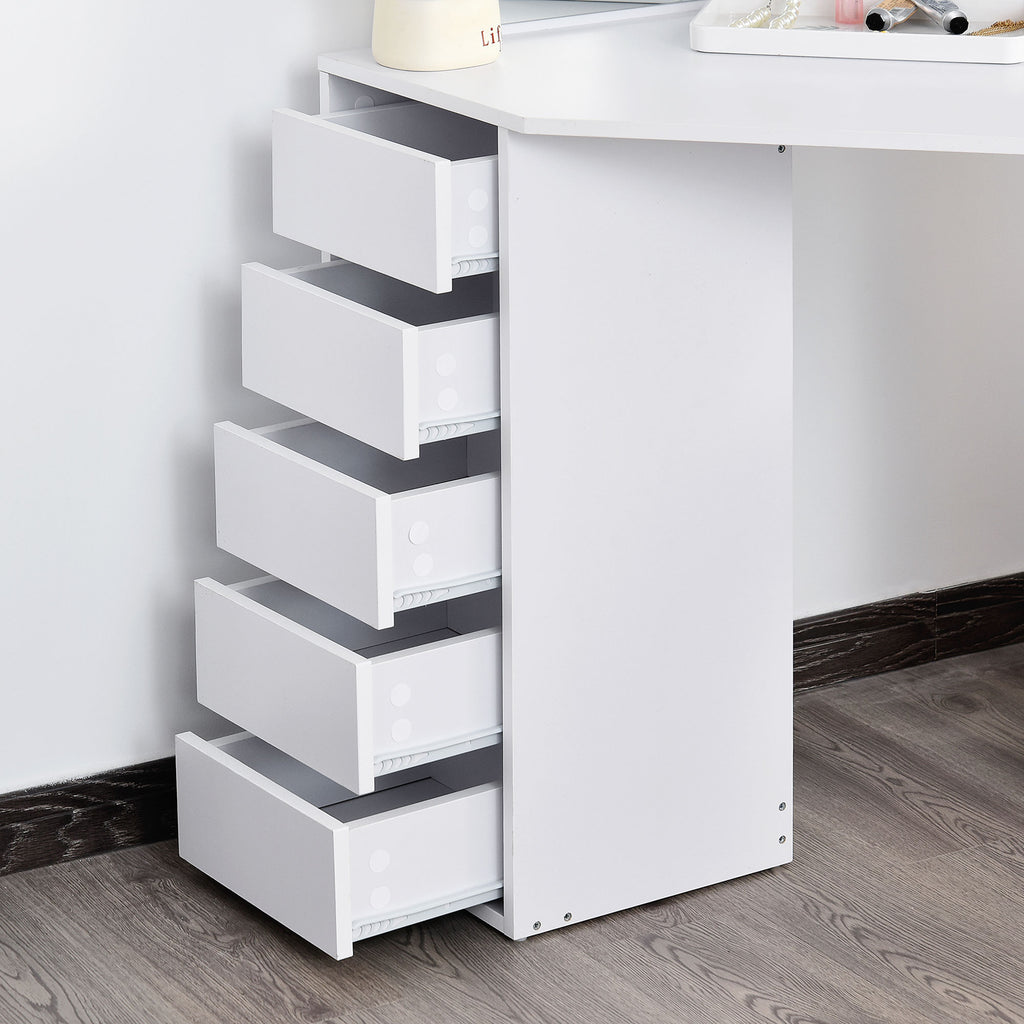 Corner Dressing Table, Makeup Desk with 3-piece Mirror and 5 Drawers, White