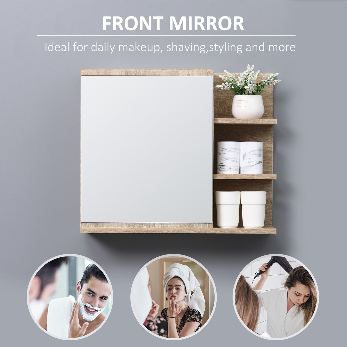 Medicine Cabinet with Mirror, Wall Mounted Bathroom Mirror Cabinet, Bathroom Wall Cabinet with 3 Open Shelves, Natural