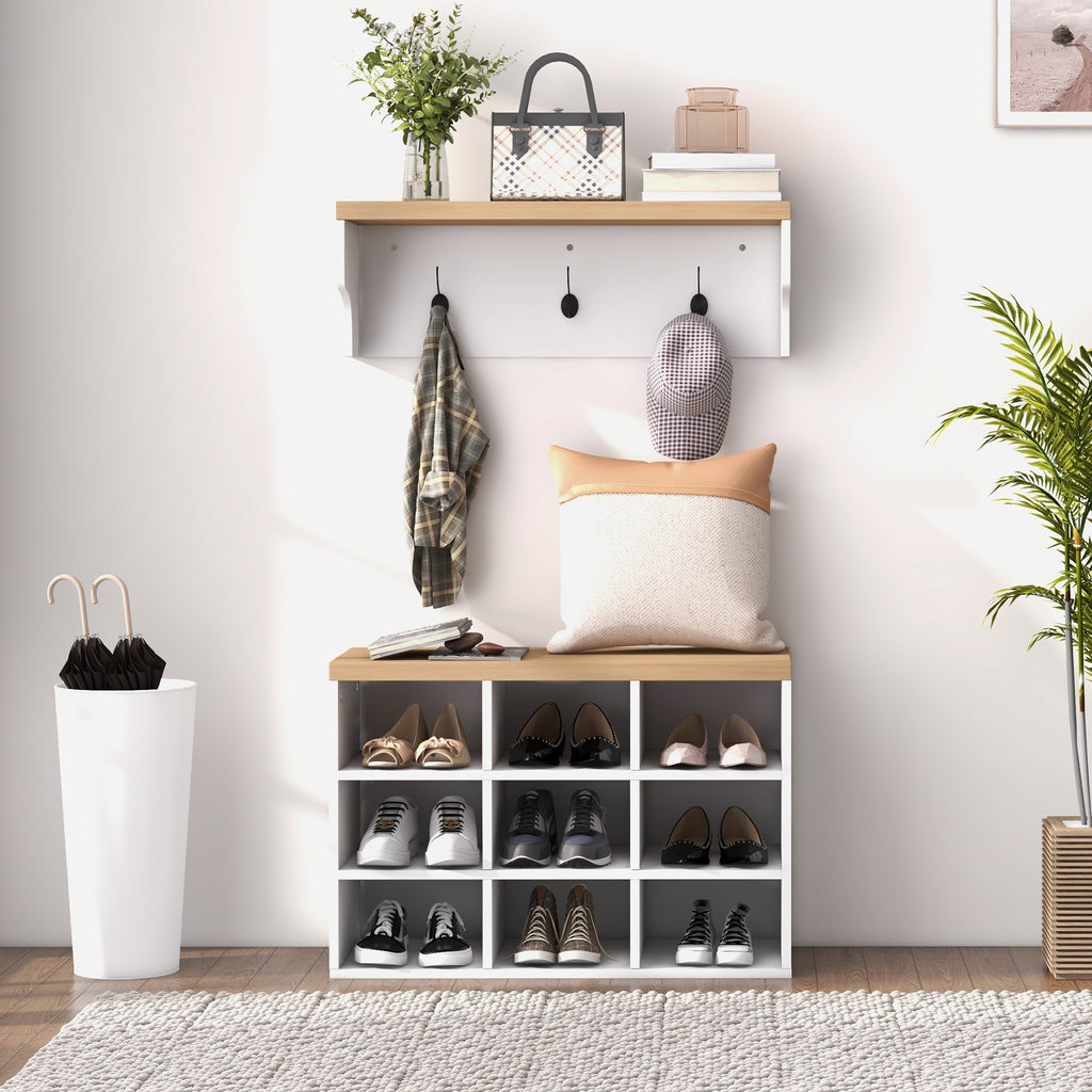 2-in-1 Hall Tree, 5-Hook Coat Rack Shoe Bench Set w/ Bench and Shoe Storage for Entryway, Hallway, White