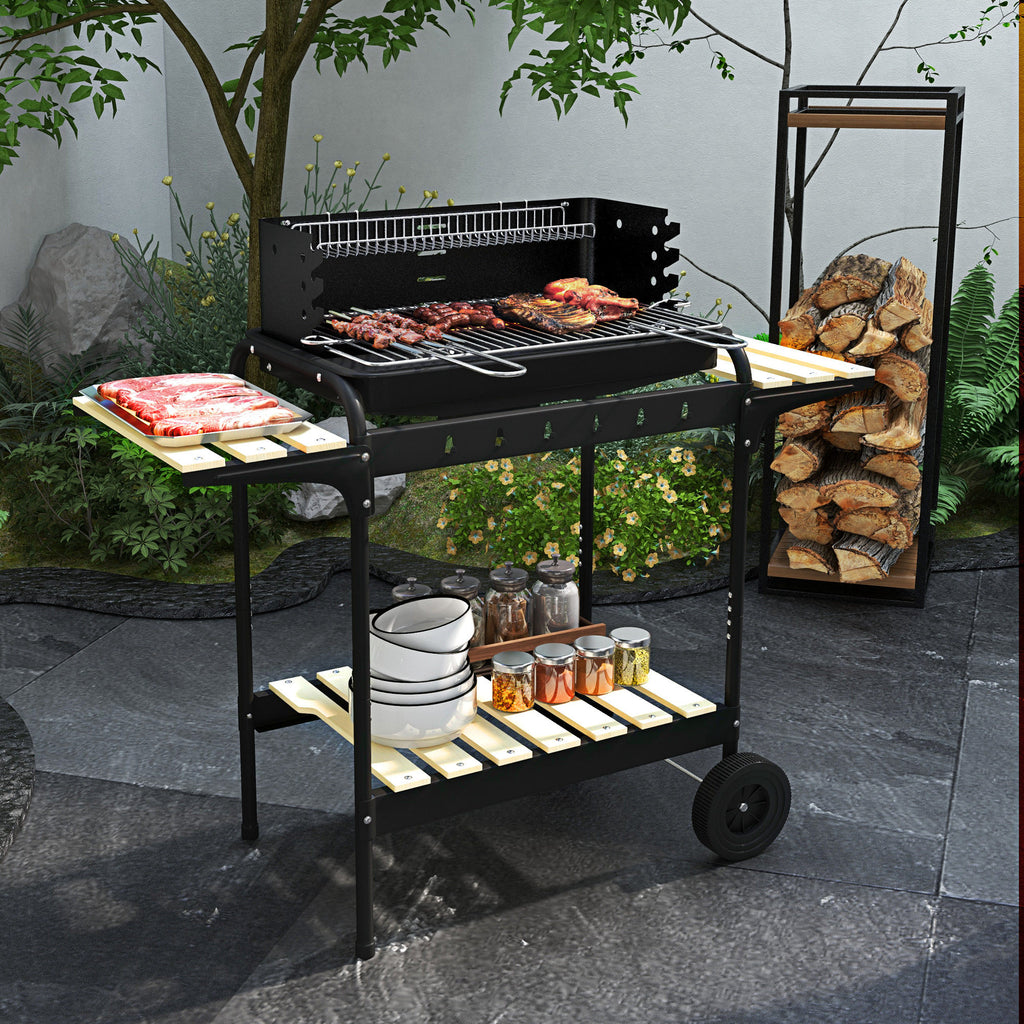 Charcoal Barbecue Grill with Adjustable Grill Height, Portable BBQ Trolley with Ash Catcher and Wheels, Red
