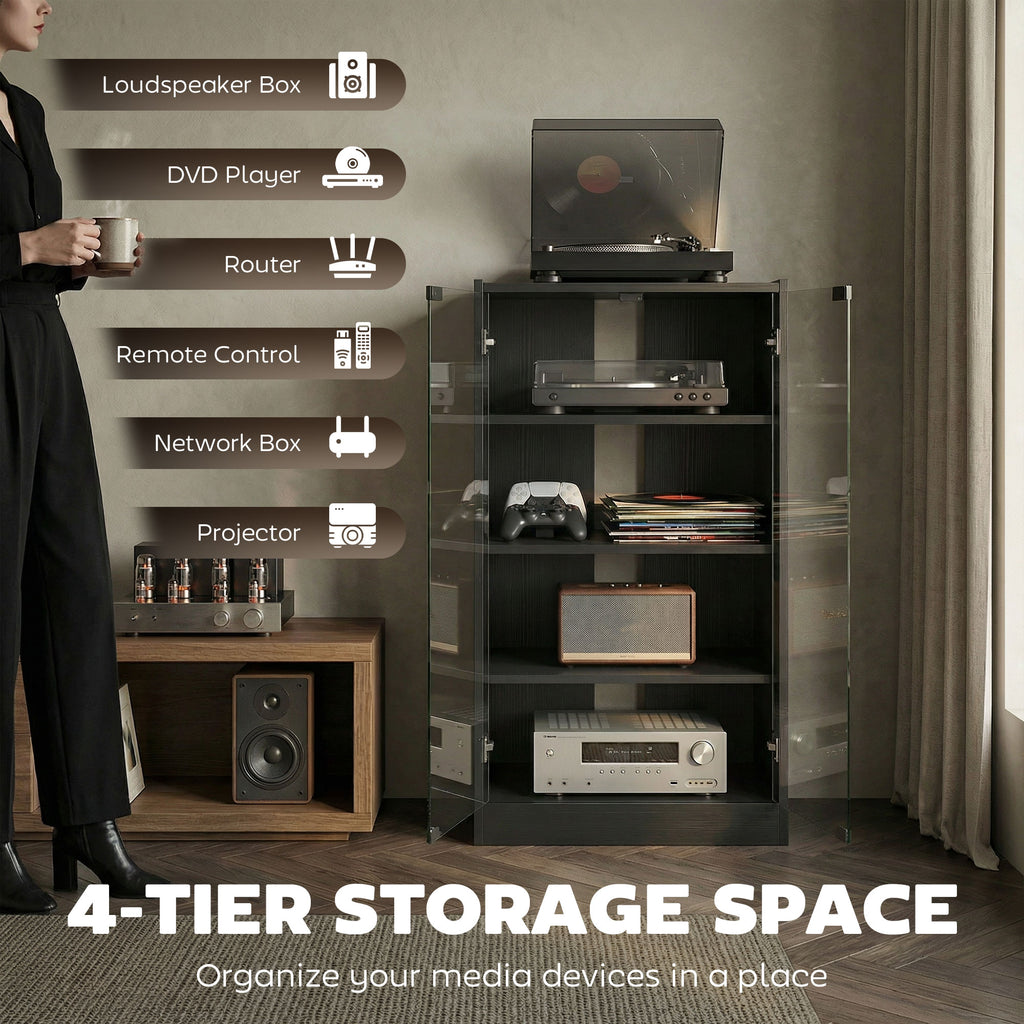 5-Tier AV Media Stand with Push to Open Glass Doors, Audio-Video Storage Cabinet with Adjustable Shelves for DVD Players, Games Consoles, Routers, Distressed Black