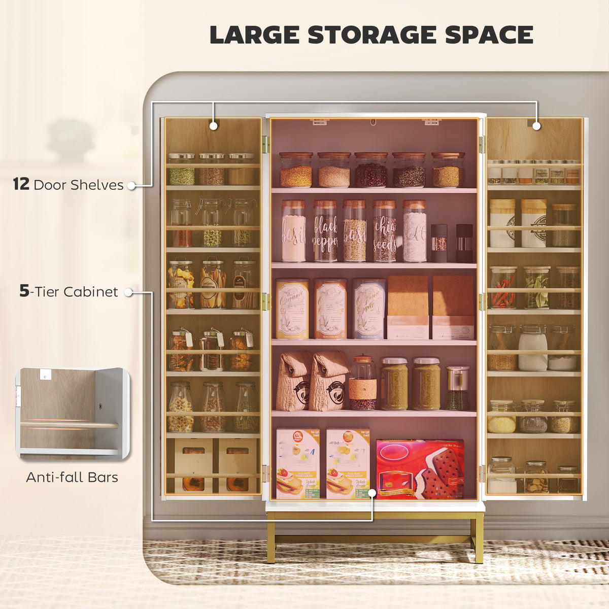 47" Kitchen Pantry Cabinet, Freestanding Kitchen Storage Cabinet with 12 Door Shelves and Adjustable Shelves, White