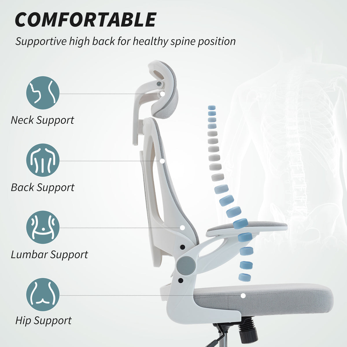 Ergonomic Office Chair, Swivel Desk Chair with Adjustable Lumbar Support, Headrest and Height, Flip-up Armrests, Grey