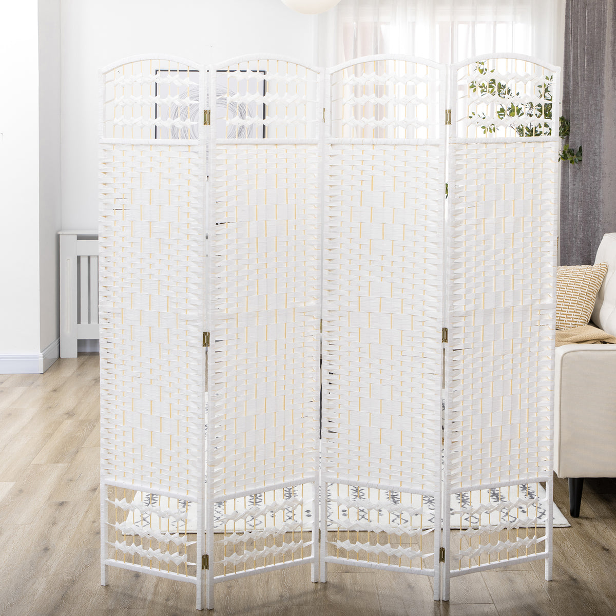 4 Panel Folding Room Divider, Portable Privacy Screen, Wave Fiber Room Partition for Home Office, White