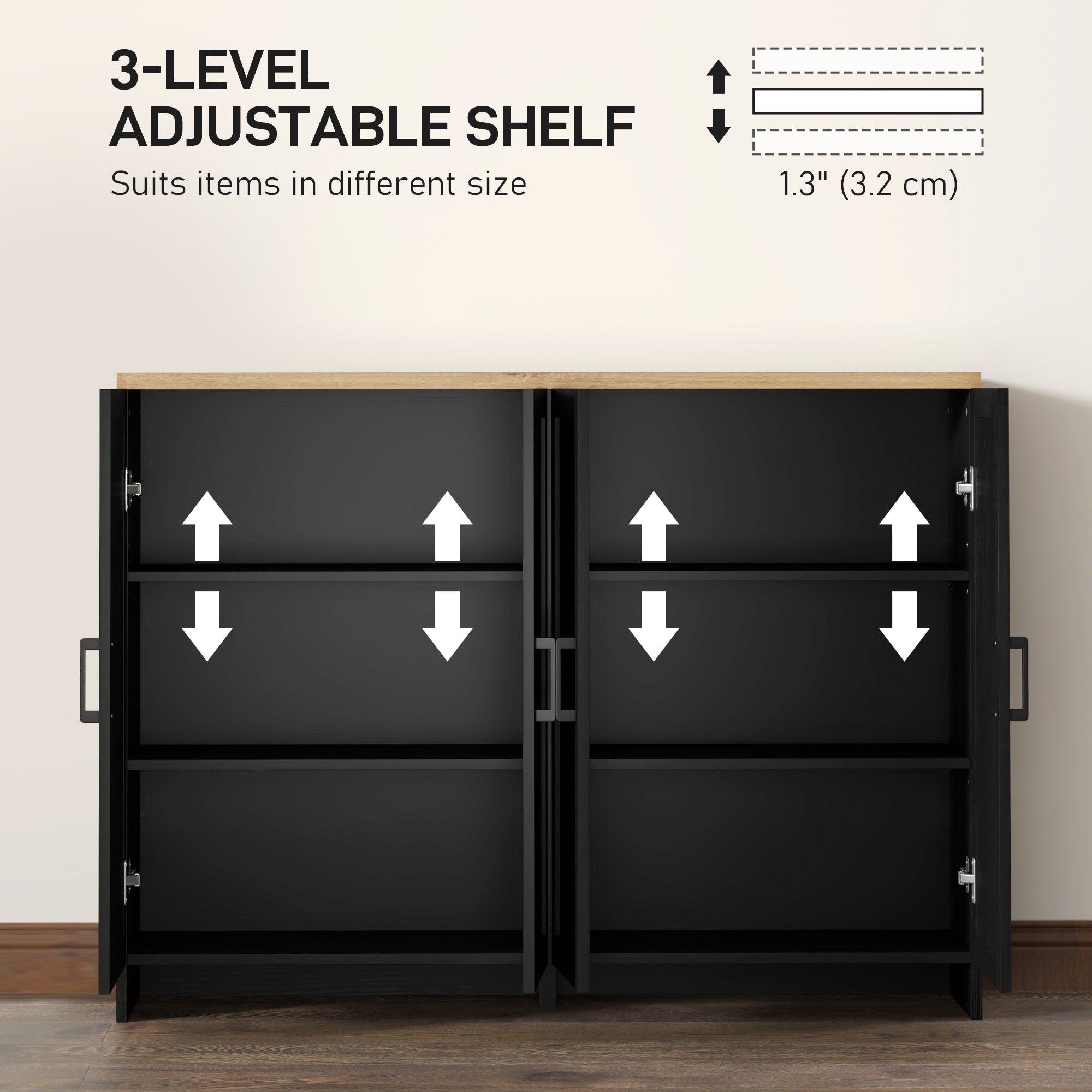 Modern Sideboard Buffet Cabinet, Modern Kitchen Storage Cabinet with 3 Doors Adjustable Shelves, for Dining Room, Black