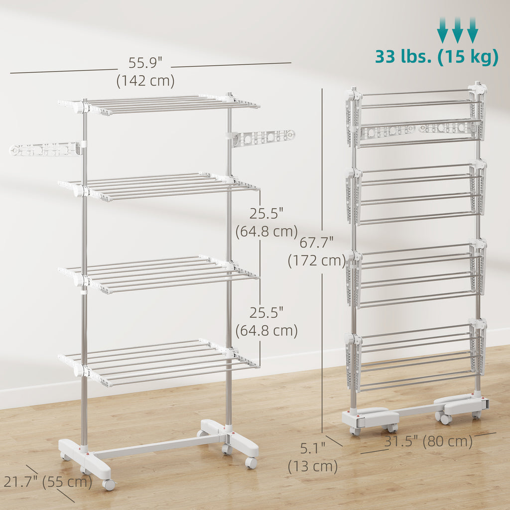 Garment Drying Rack Stainless Steel Folding Clothes Hanging Rack with Side Wings Castors for Indoor Outdoor White