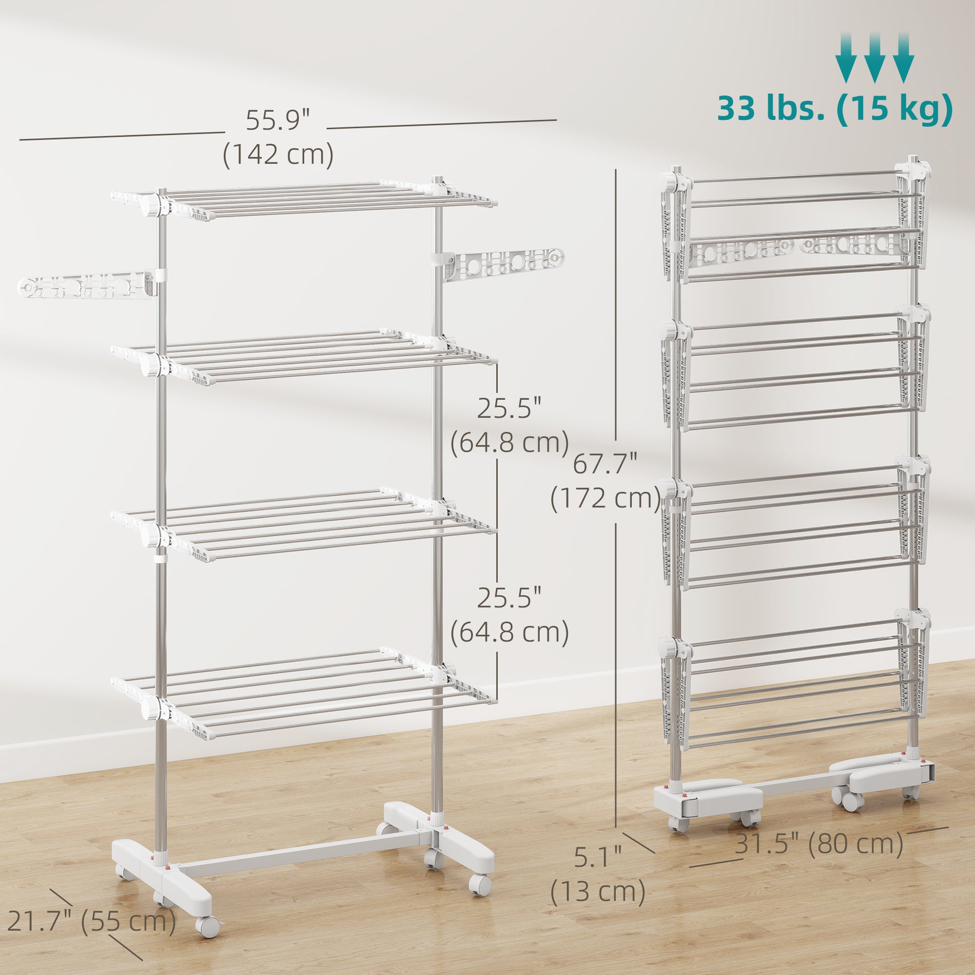 Garment Drying Rack Stainless Steel Folding Clothes Hanging Rack with Side Wings Castors for Indoor Outdoor White