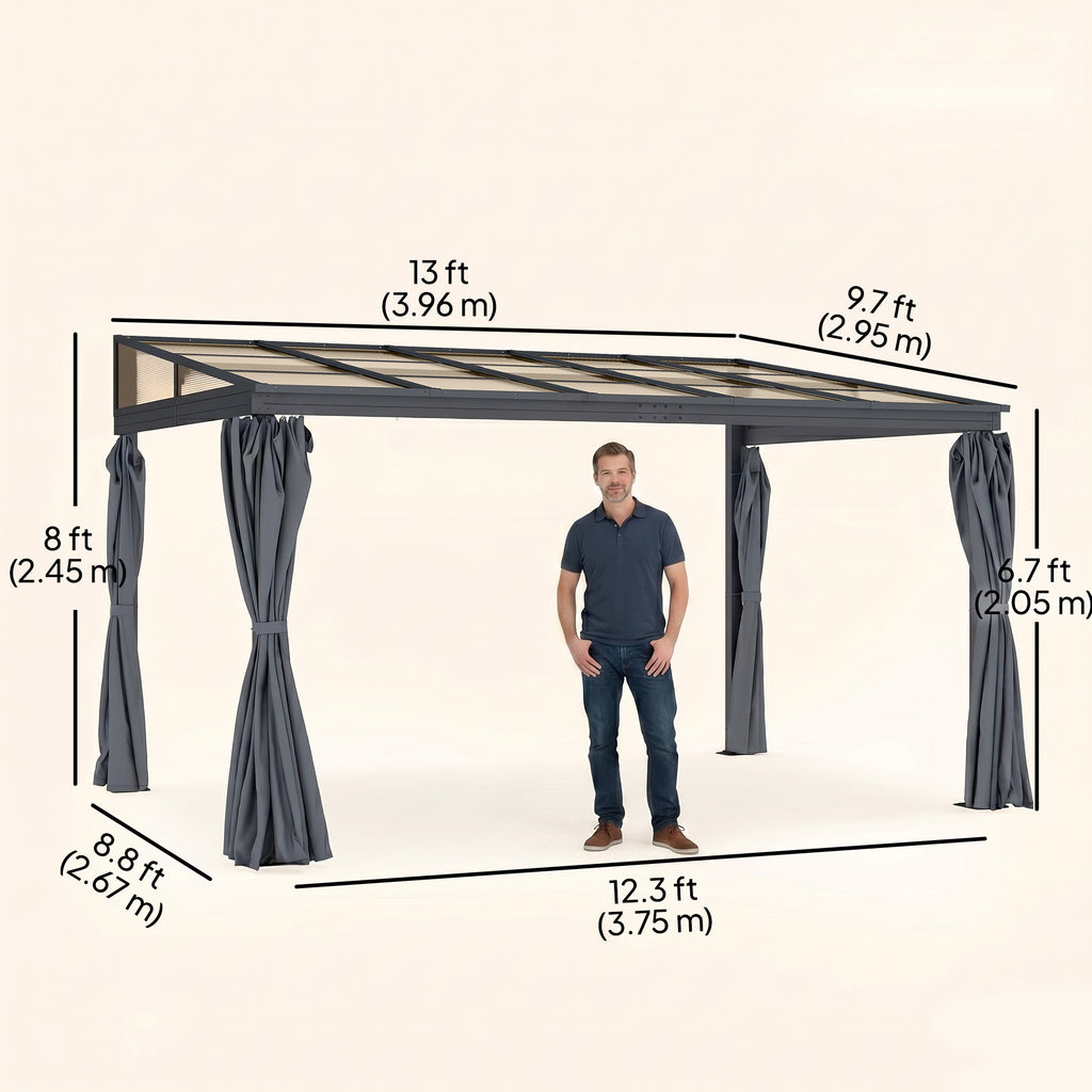 10' x 13' ደጋዊ ሓርድቶፕ ፐርጎላ ጋዜቦ ብፖሊካርቦኔት ገረብ፣ ካብ ኣልትራቫዮሌት ጨረር ዝከላኸል ጽላል ምስ መጋረጃታት ንጀርዲን፣ ፓትዮን ከምኡውን ደጋዊ ዝግበሩ ዝግጅታት።