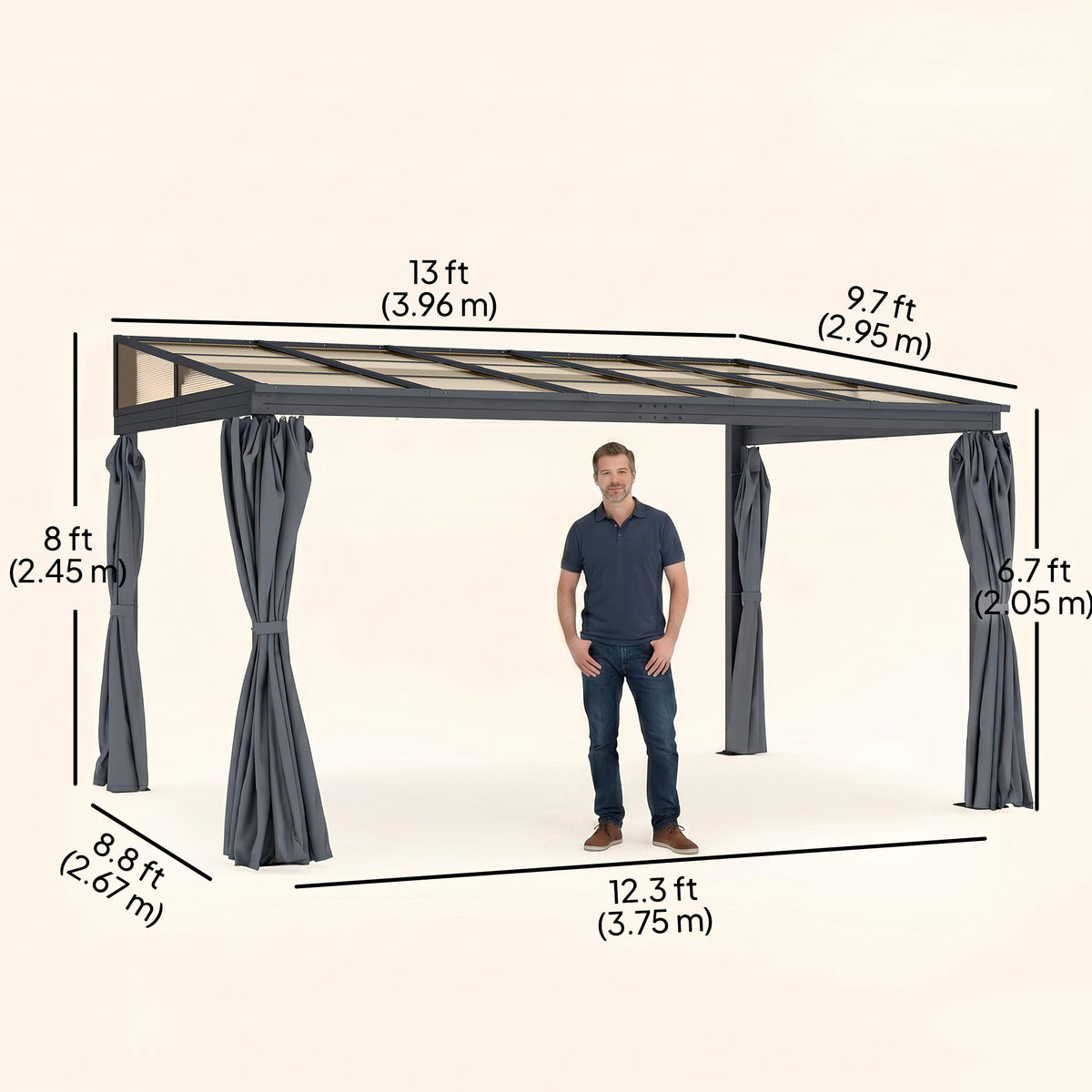 10' x 13' ደጋዊ ሓርድቶፕ ፐርጎላ ጋዜቦ ብፖሊካርቦኔት ገረብ፣ ካብ ኣልትራቫዮሌት ጨረር ዝከላኸል ጽላል ምስ መጋረጃታት ንጀርዲን፣ ፓትዮን ከምኡውን ደጋዊ ዝግበሩ ዝግጅታት።