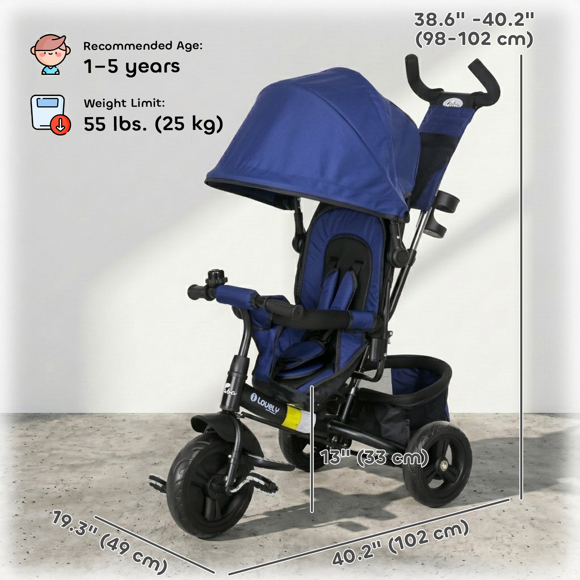 Qaba 6 in 1 Tricycle for Toddler 1-5 Years with Parent-Push Handle, Dark Blue