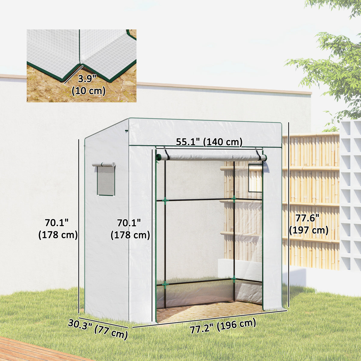 Walk-in Tomato Greenhouse Lean-to Green House with Reinforced PE Cover, Roll-up Door, Mesh Windows, Green