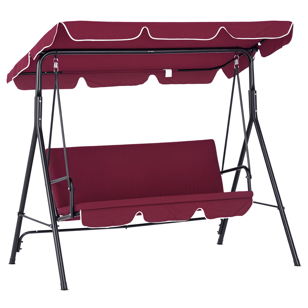 3-Seater Outdoor Porch Swing with Adjustable Canopy, Patio Swing Chair for Garden, Poolside, Backyard, Wine Red