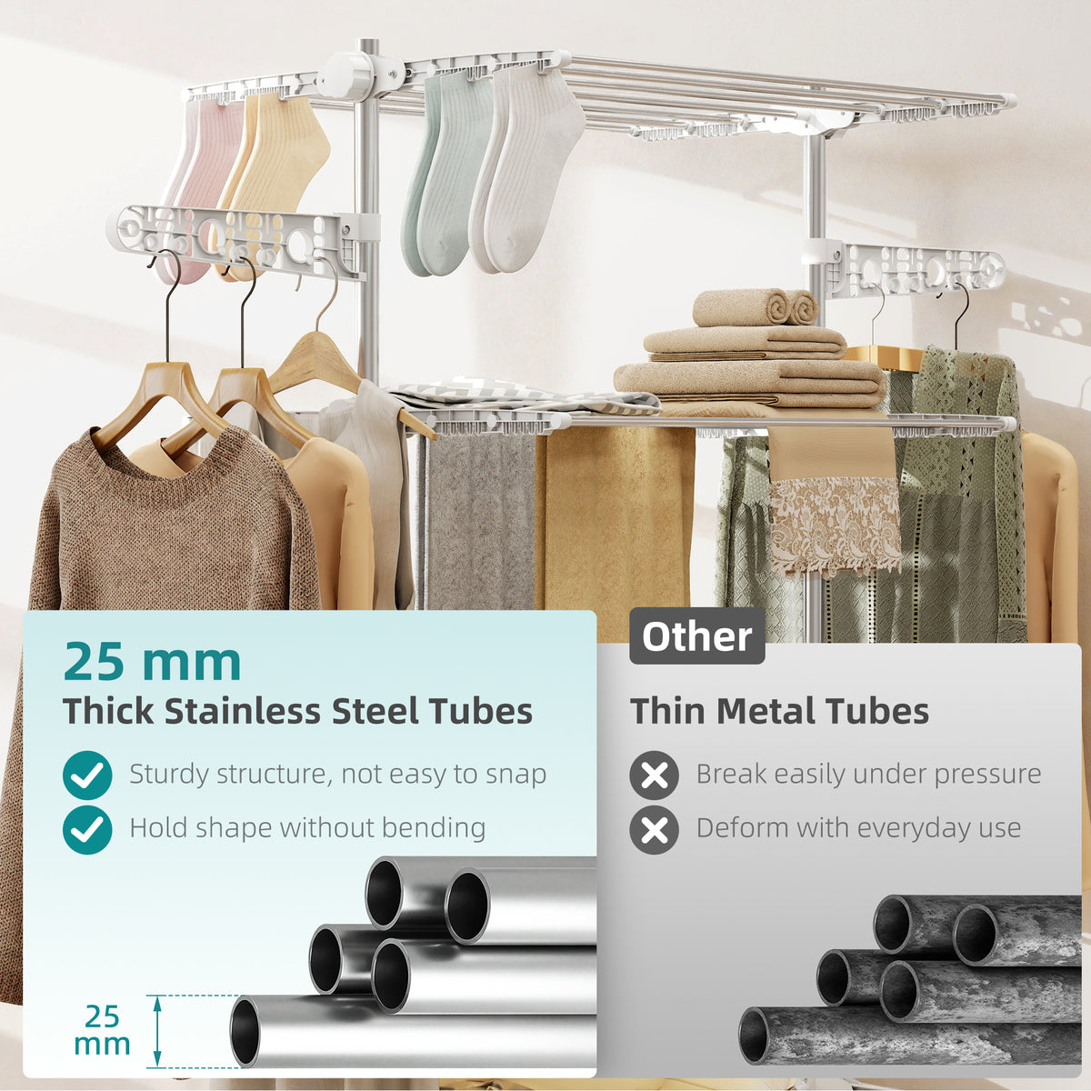 Garment Drying Rack Stainless Steel Folding Clothes Hanging Rack with Side Wings Castors for Indoor Outdoor White