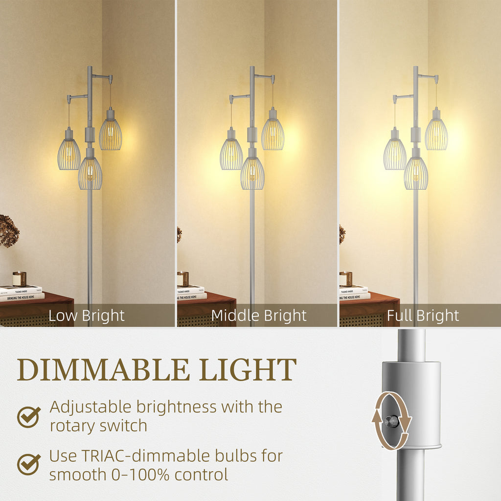 Industrial Floor Lamp with 3 Hanging Wire Lampshades, Dimmable Standing Lamp for Living Room, Silver