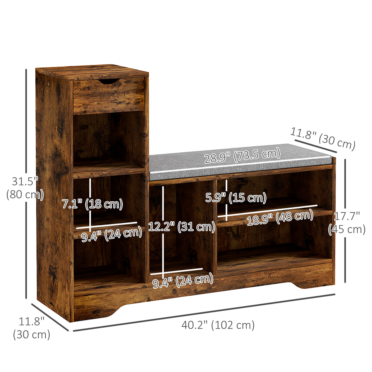 Upholstered Shoe Storage Bench w/ Seat, Entrance Bench w/ Drawer and 6 Open Shelves for Hallway, Rustic Brown