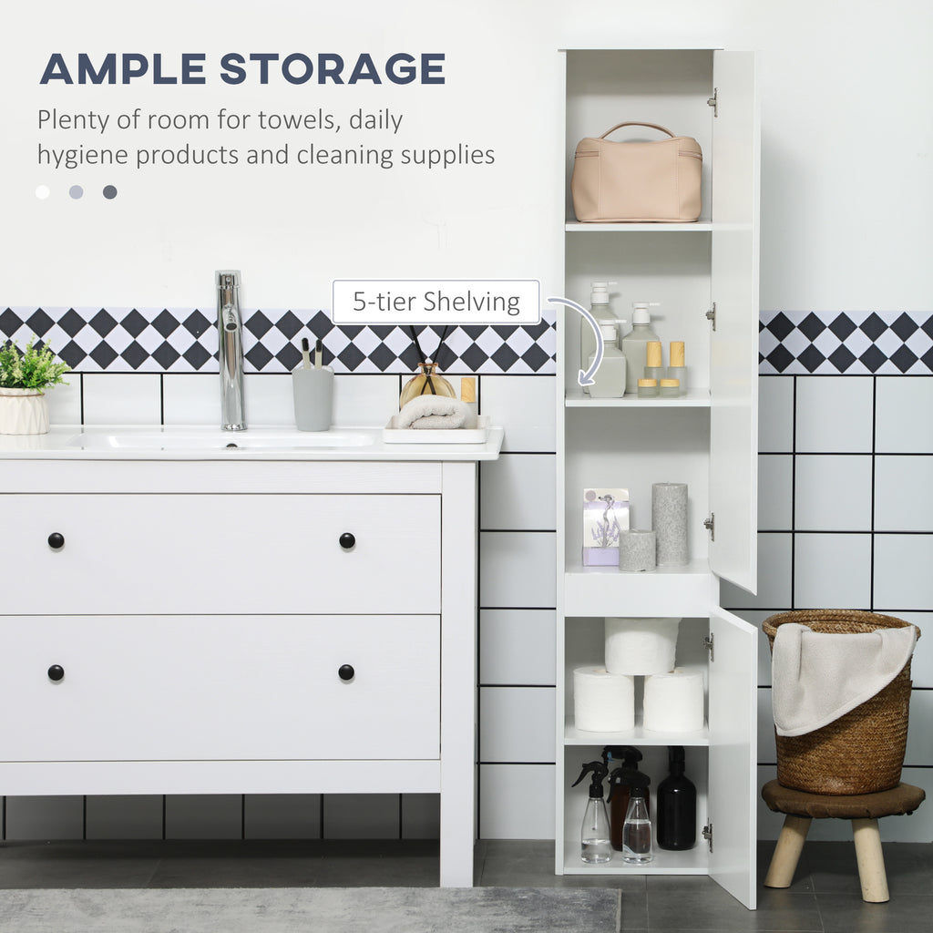 Tall Bathroom Cabinet, Freestanding Storage Organizer with Adjustable Shelves and Cupboards, 15" x 13" x 63", White
