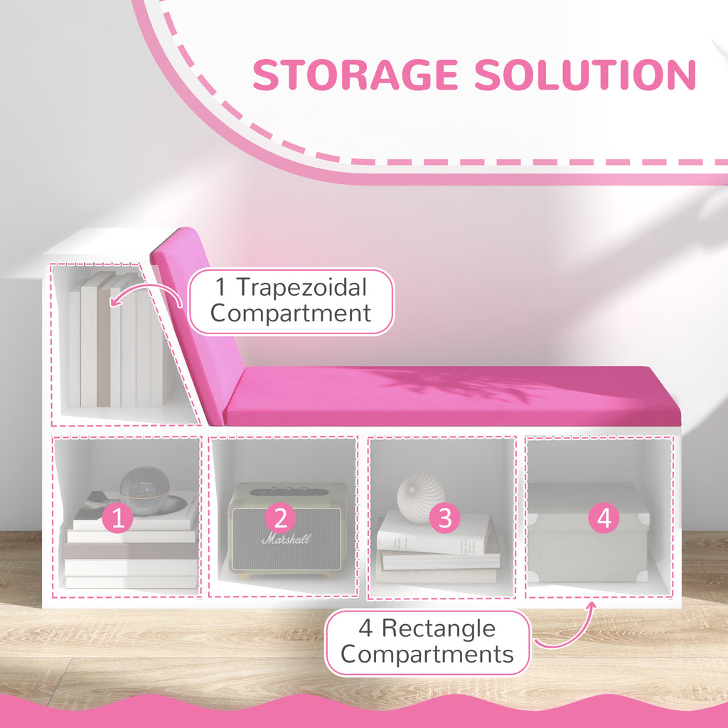 Multi-Purpose Bookshelf with 5 Cubes, 5-Cubby Bookcase with Cushioned Reading Nook and Storage Shelves, Pink