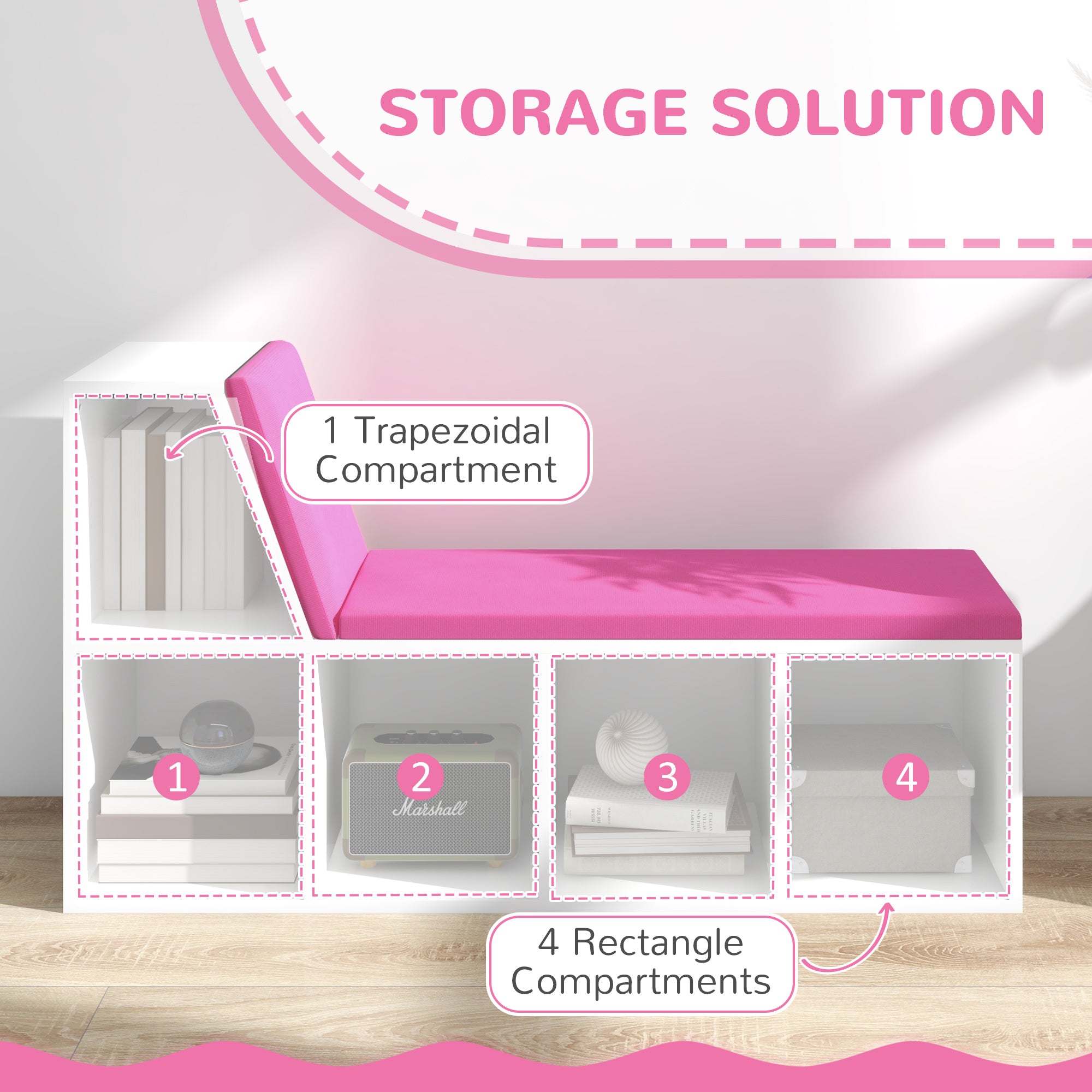 Multi-Purpose Bookshelf with 5 Cubes, 5-Cubby Bookcase with Cushioned Reading Nook and Storage Shelves, Pink