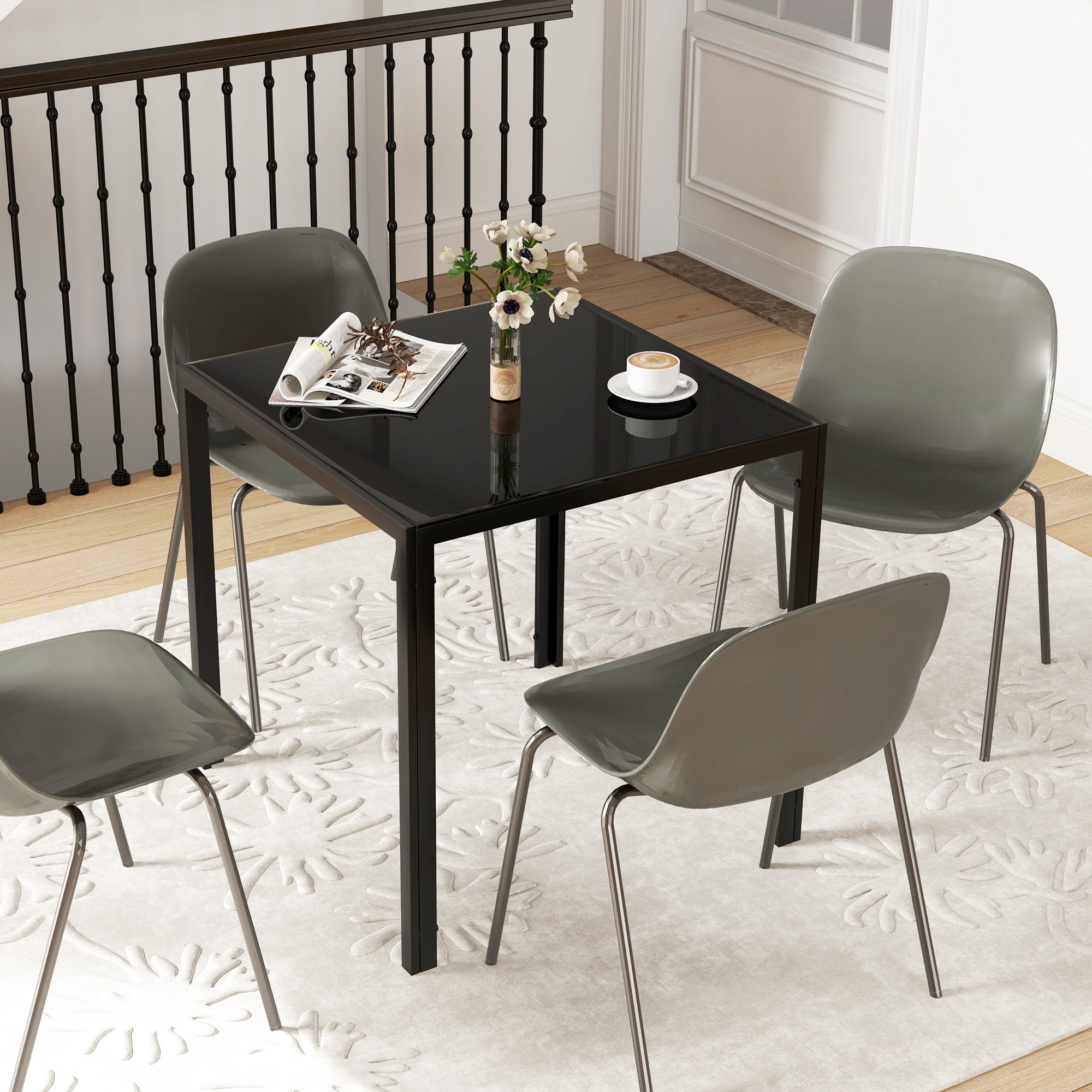 Square Kitchen Table for 2-4 People, Dining Table with Glass Top and Steel Legs for Dining Room, Black