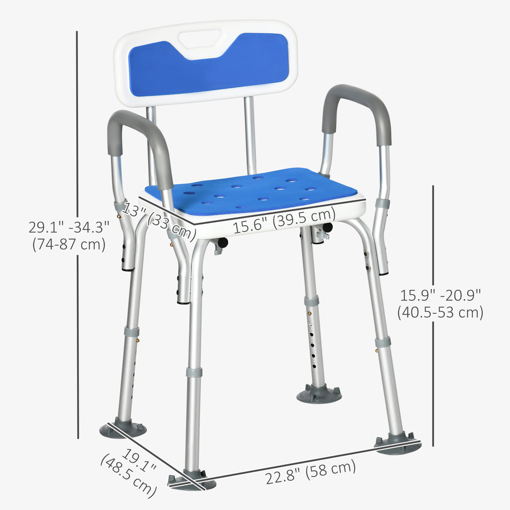 Adjustable Shower Chair with Arms and Back, Bath Chair with Regular Seat, Anti-slip Shower Bench for Seniors and Disabled, Tool-Free Assembly, 300lbs, Blue