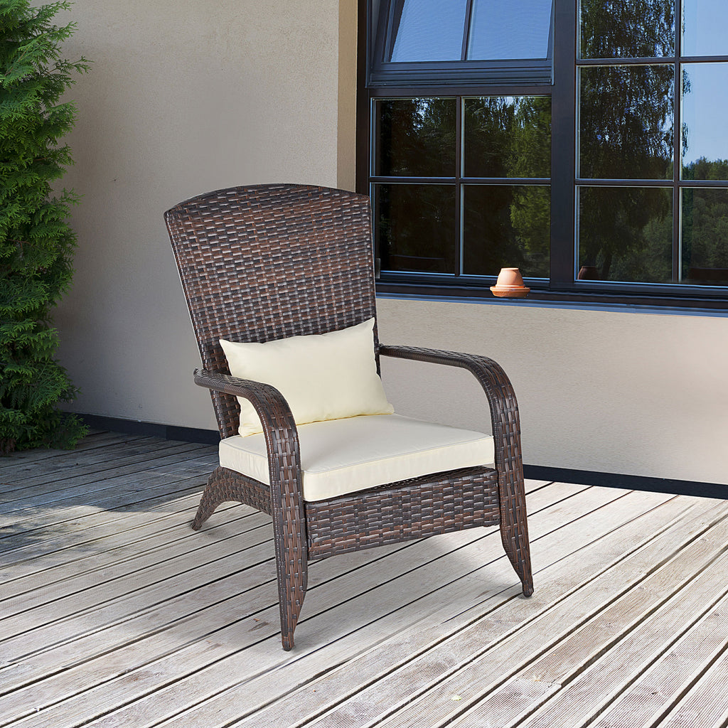 Patio Wicker Adirondack Chair, Outdoor PE Rattan Fire Pit Chair, Muskoka Chair w/ Soft Cushions, Tall Curved Backrest and Comfortable Armrests for Deck Garden, Cream White