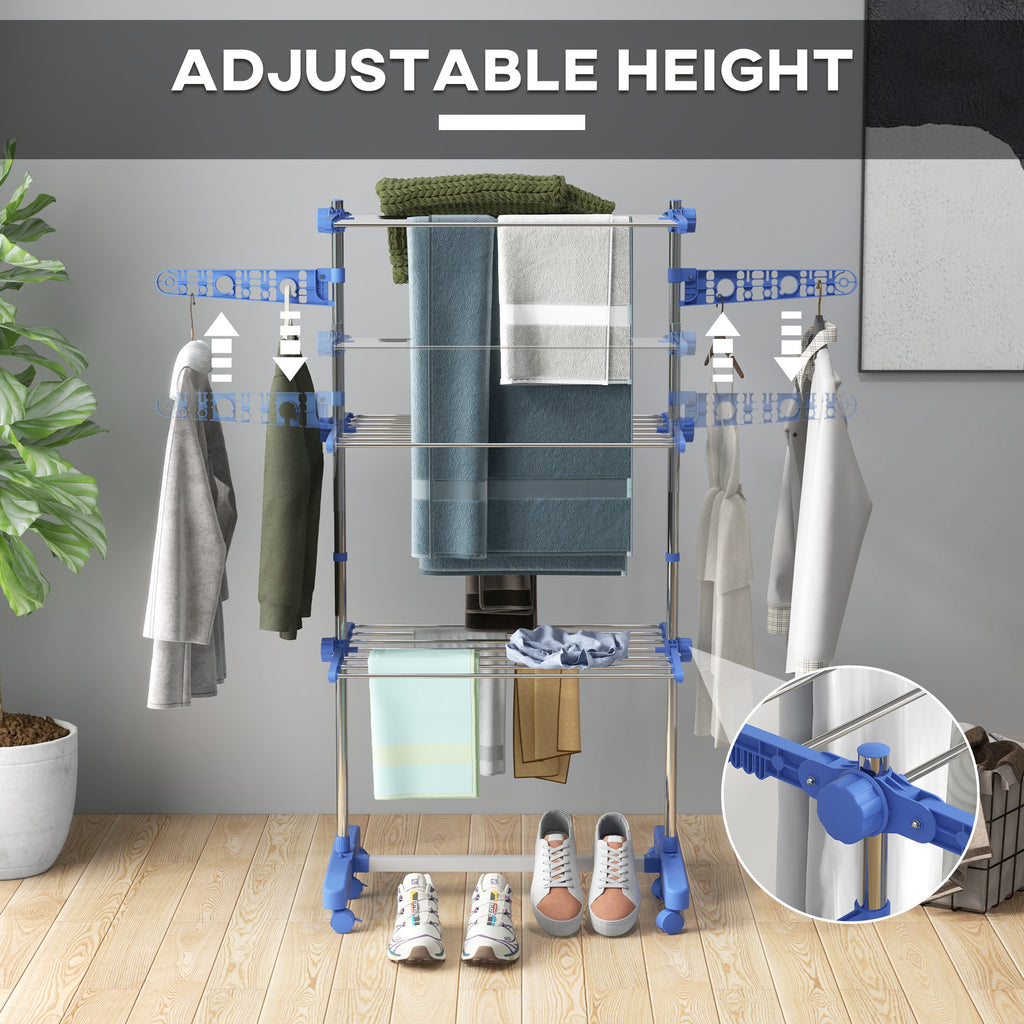 3-Tier Foldable Clothes Drying Rack, Stainless Steel Laundry Rack with 2 Side Wings and 6 Castors, Collapsible Adjustable Clothes Airer for Indoor Outdoor, White