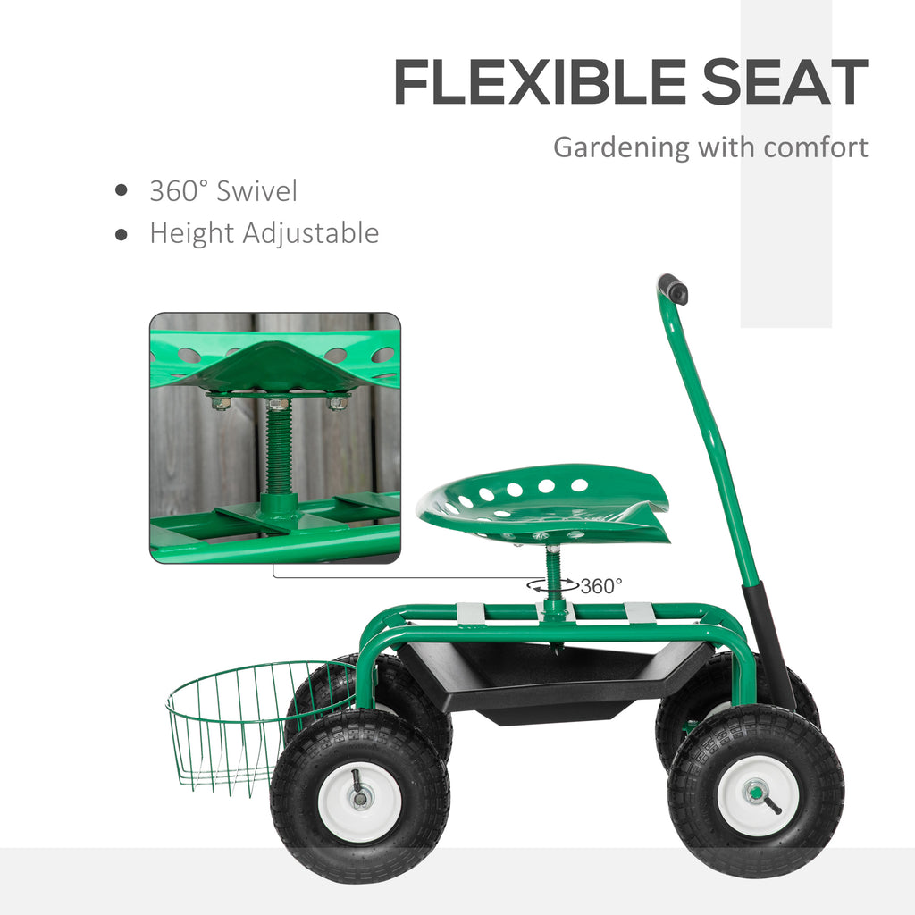 Garden Scooter, Rolling Cart with Swivel and Adjustable Seat, Tool Tray, Bucket Basket, Red and Black