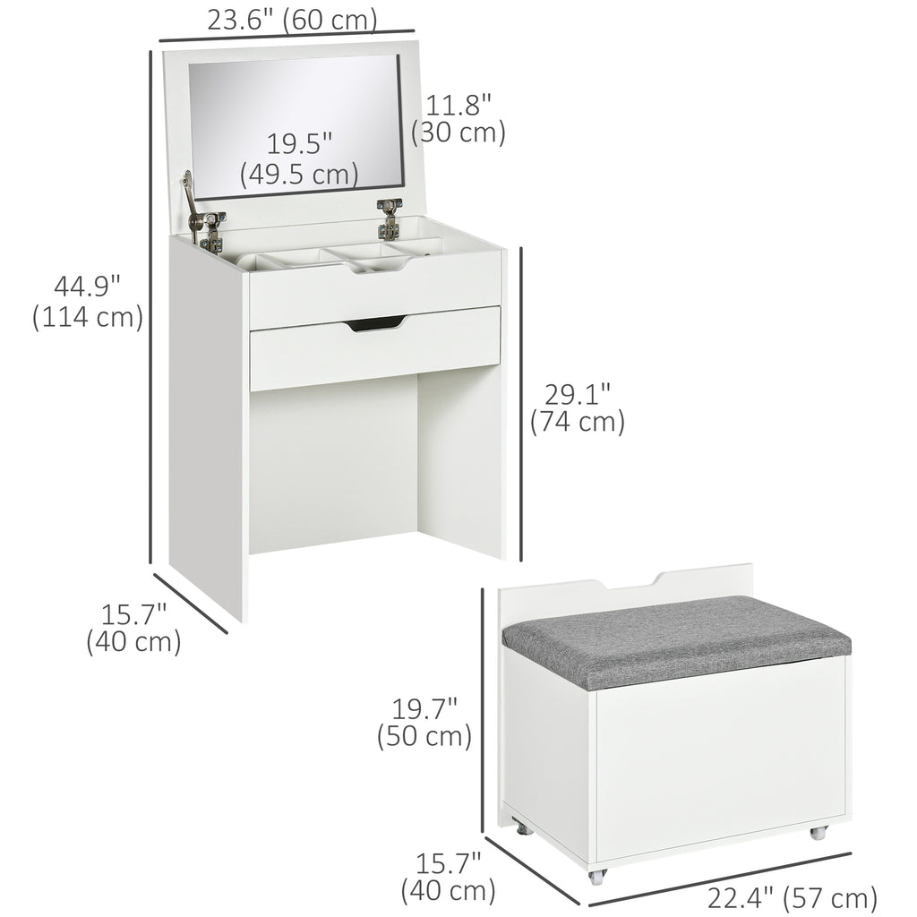 Vanity Set with Flip Top Mirror, Makeup Vanity Desk with Stool, Dressing Table with Drawer and 7 Compartments, White