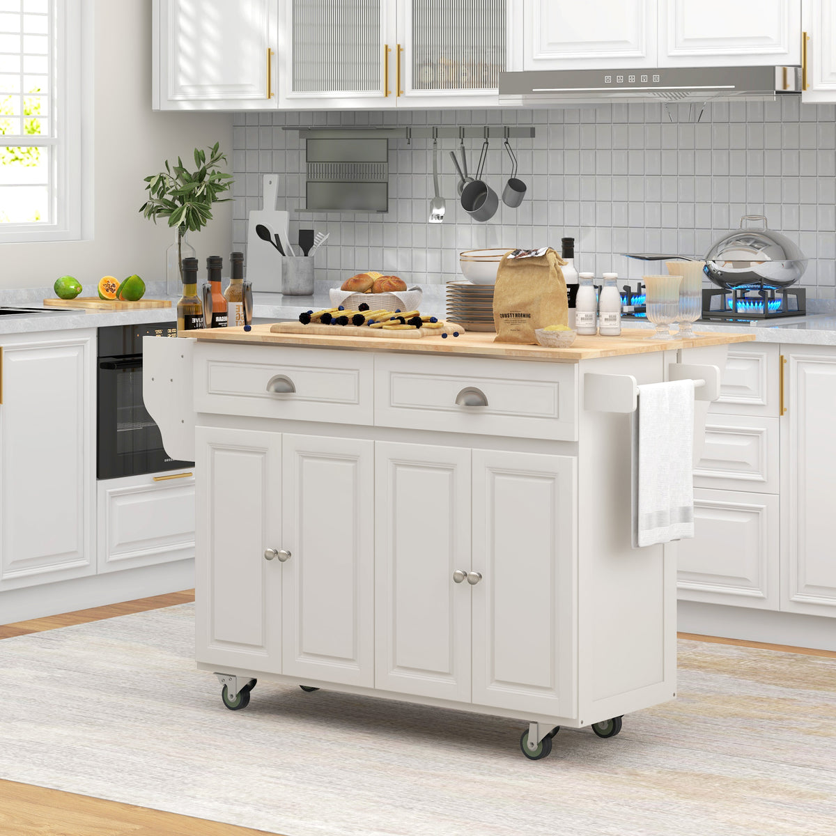 Kitchen Island with Storage, Rolling Kitchen Island with Drop Leaf, Rubber Wood Top and Adjustable Shelves, Cream White