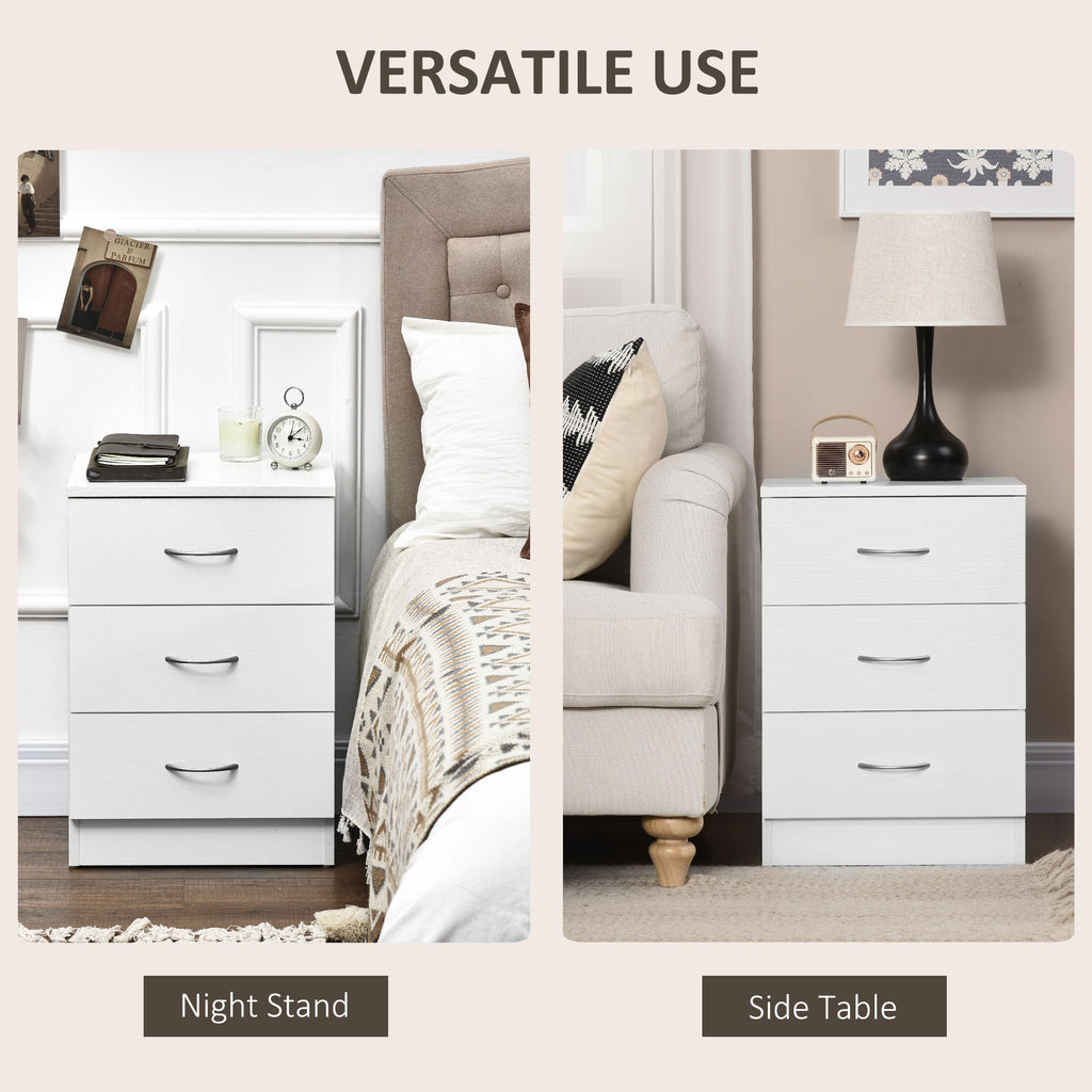 Bedside Table with 3 Drawers, Modern Wood Nightstand, Side End Table for Bedroom, White