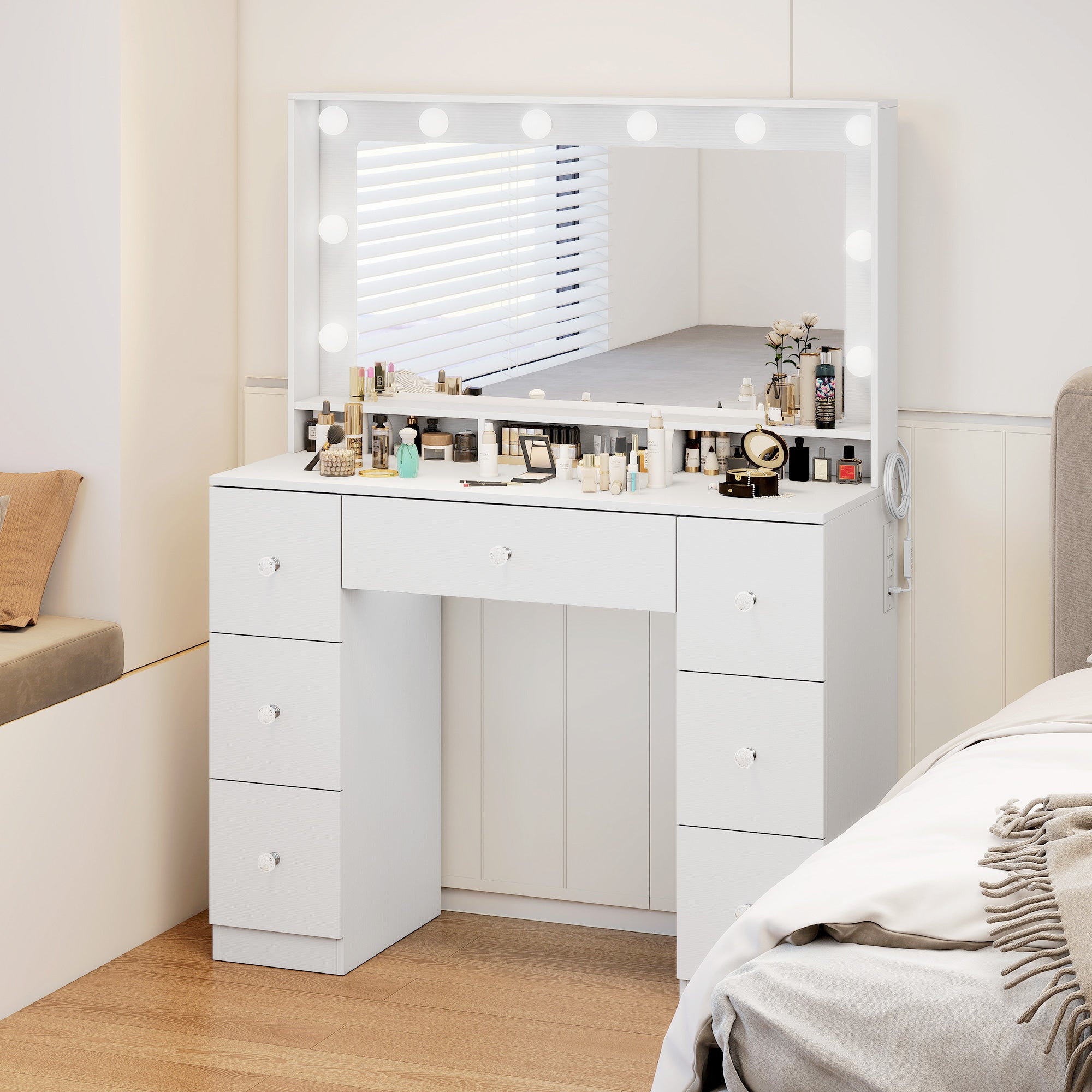 Vanity Desk with 10 Dimmable LED Lights, Mirror Dressing Table with 7 Drawers and Charging Station, White